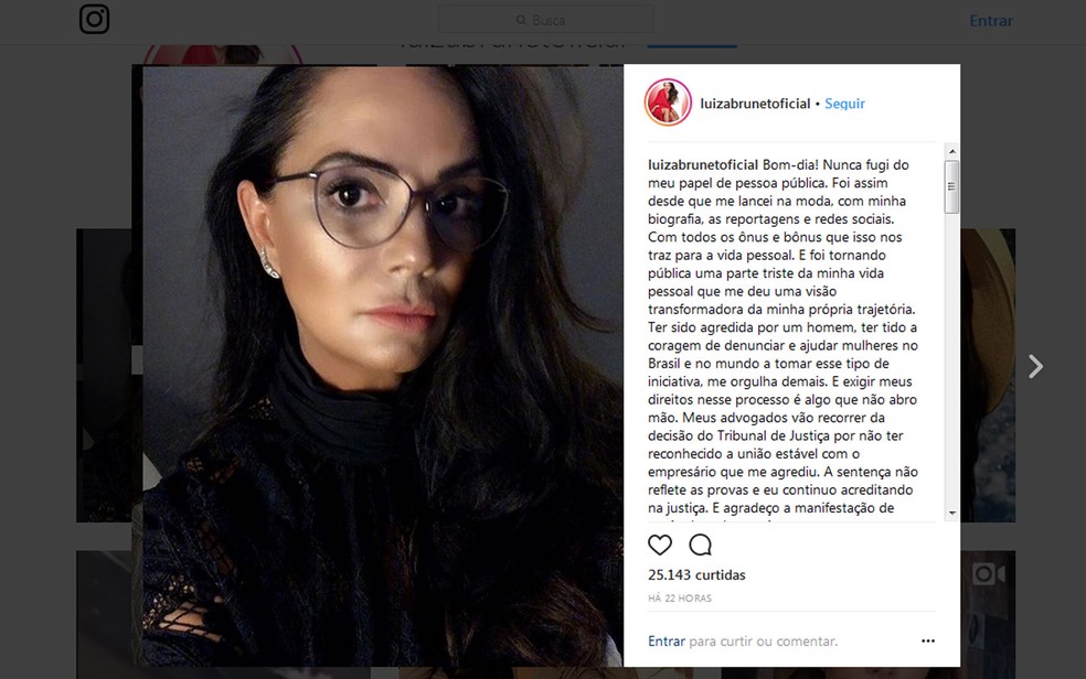 Luiza Brunet posta em seu Instagram que irá recorrer da decisão judicial que não aceitou o seu pedido para reconhecer uma união estável sua com o empresário Lírio Parisotto (Foto: Reprodução/Instagram)