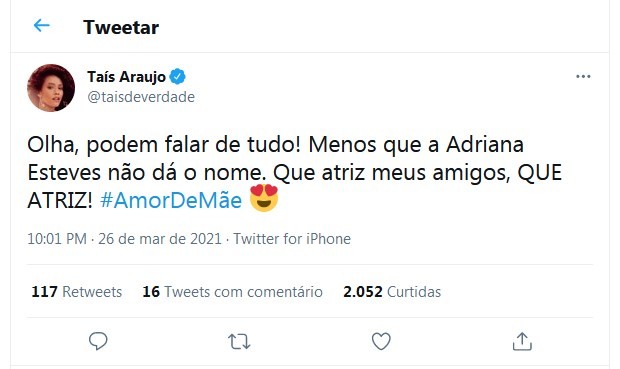Tweet de Tais Araujo (Foto: Reprodução/Twitter)