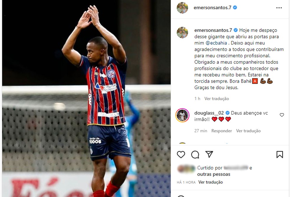 Volante Emerson Santos se despede do Bahia em rede social — Foto: Reprodução/Instagram