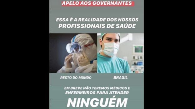 Imagem divulgada em redes sociais compara equipamentos de proteção para profissionais de saúde no exterior e no Brasil (Foto: Reprodução/BBC)