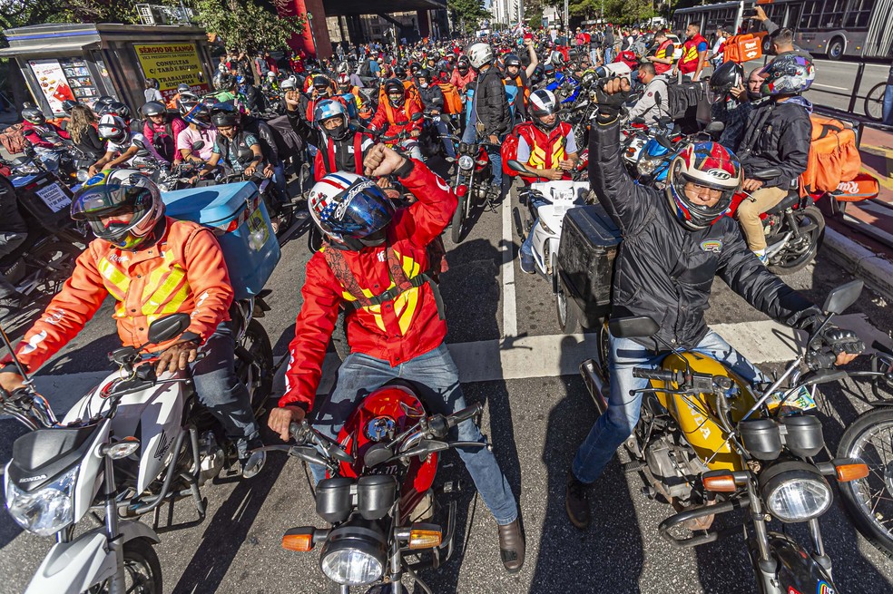 Entregadores de aplicativo fizeram protesto em São Paulo, em julho de 2020 — Foto: Anderson Lira/Framephoto/Estadão Conteúdo