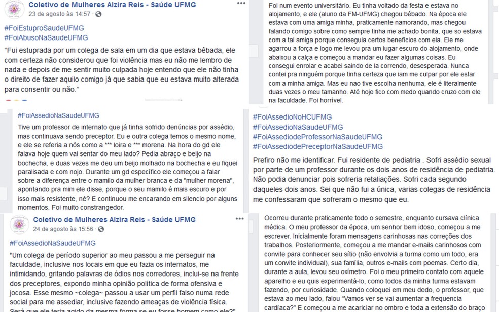 Denúncias de assédio compartilhadas em formulário online criado pelo Coletivo de Mulheres Alzira Reis - Saúde UFMG (Foto: Reprodução/Facebook)