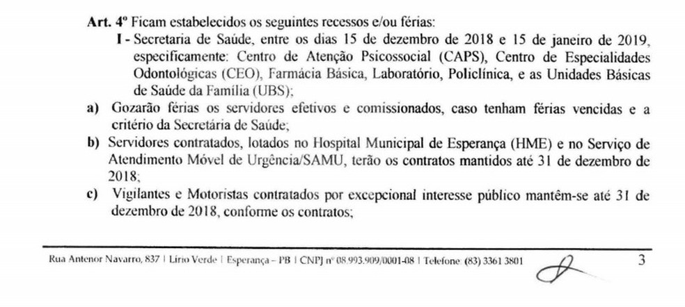 Decreto nº 1.874 estabelece férias coletivas para os servidores — Foto: Prefeitura de Esperança/Reprodução