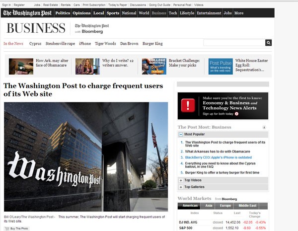 Notícia do "The Washington Post" informa que jornal vai passar a cobrar pelo conteúdo. (Foto: Reprodução/site The Washington Post)