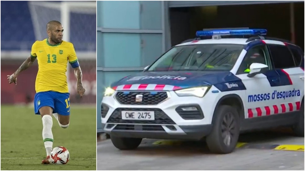 O jogador brasileiro Daniel Alves foi detido após prestar depoimento em Barcelona, na Espanha, no dia 20 de janeiro de 2023 — Foto: Lucas Figueiredo/CBF e Reuters