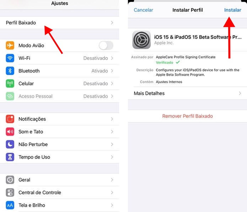 iOS 15: baixar a versão beta é possível com perfil de configuração — Foto: Reprodução/Letícia Conde