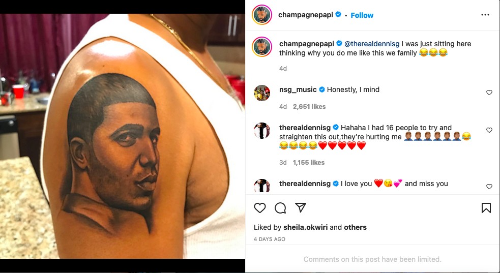 Rapper Drake's post making fun of his father's tattoo (Photo: Instagram)