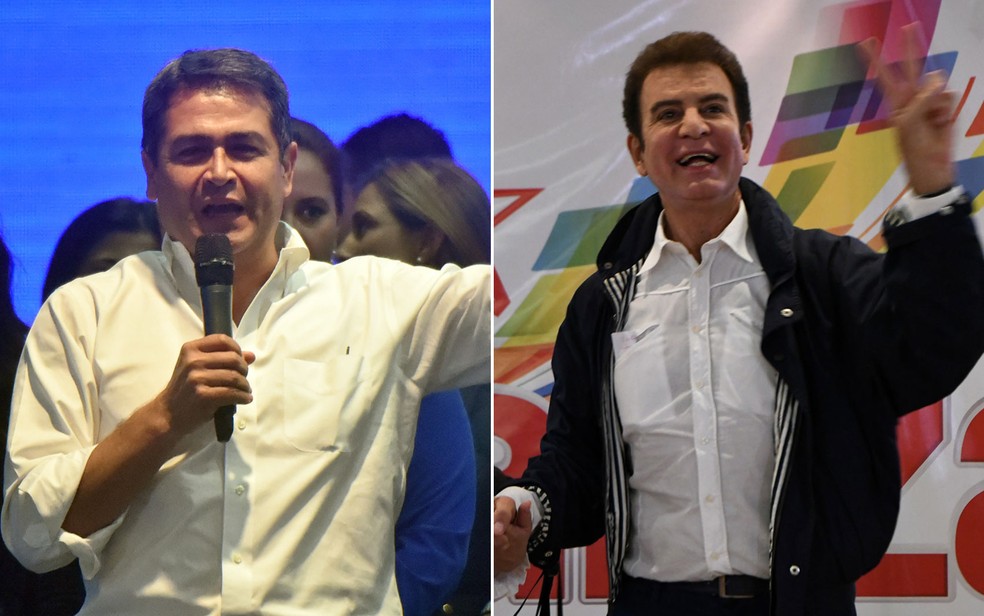 O presidente Juan Orlando Hernández, candidato à reeleição, e o candidato Salvador Nasralla, em combinação de fotos (Foto: Rodrigo Arangua/Orlando Sierra/AFP)