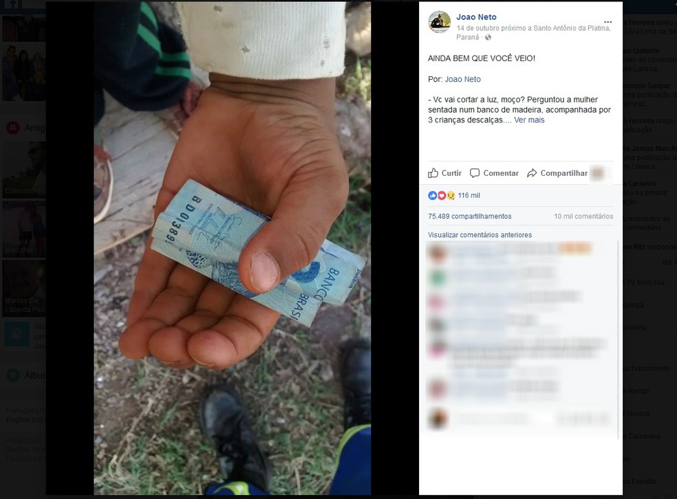 Criança pediu R$ 1, ganhou R$ 5, e esperou por funcionário voltar para devolver troco — Foto: Reprodução/Facebook