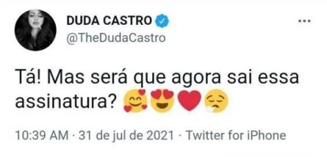 Duda Castro alfineta ex no Twitter (Foto: Reprodução/Twitter)