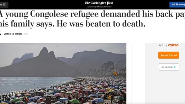 'Jovem congolês exigiu seu pagamento, diz família. E foi espancado até a morte.' é a chamada do Washington Post (Foto: REPRODUÇÃO/BBC)