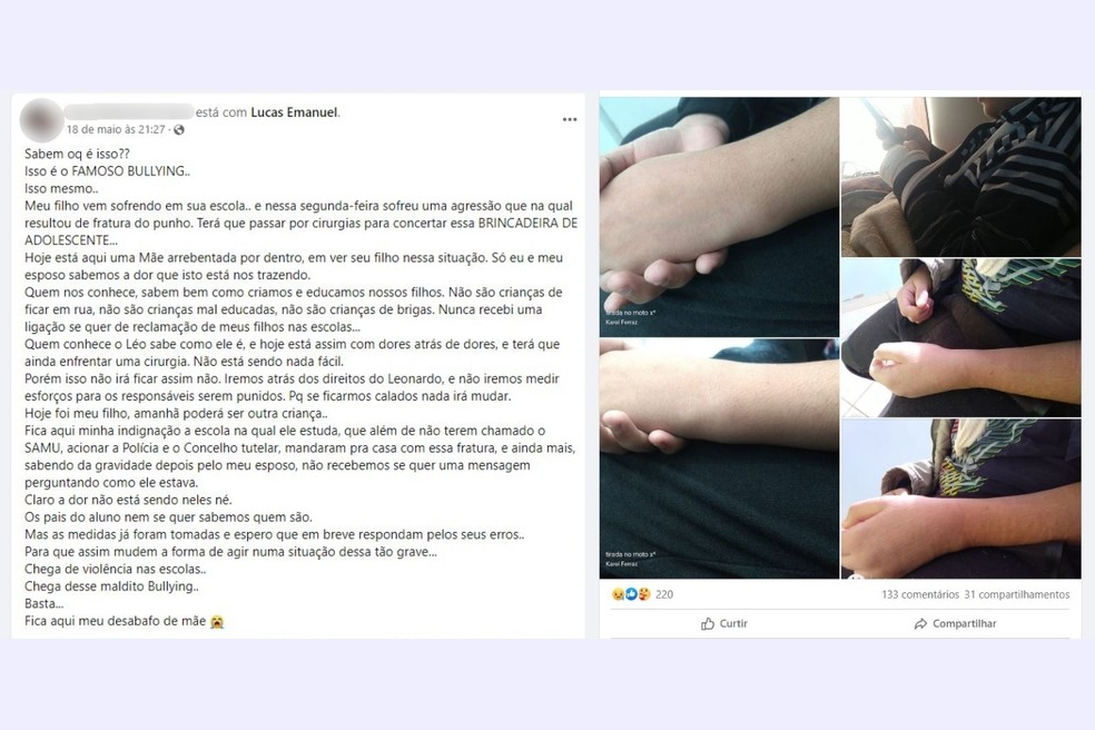Mãe fez postagem para denunciar que filho sofreu bullying em Itaí — Foto: Facebook/Reprodução