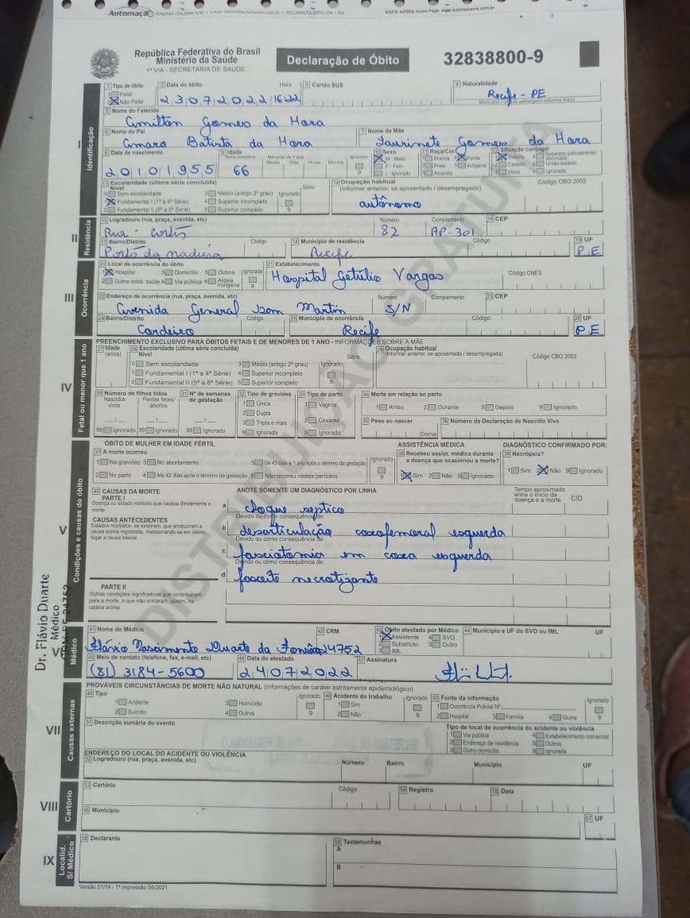 Declaração de Óbito de Amilton da Hora — Foto: Reprodução/WhatsApp