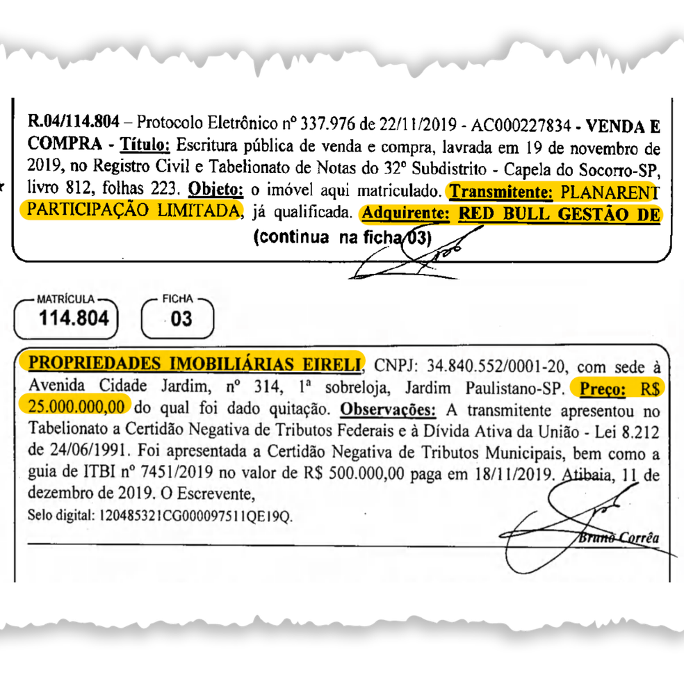 Família Chedid revendeu por R$ 25 milhões, para a Red Bull, terreno que havia comprado por R$ 2,3 milhões — Foto: Reprodução