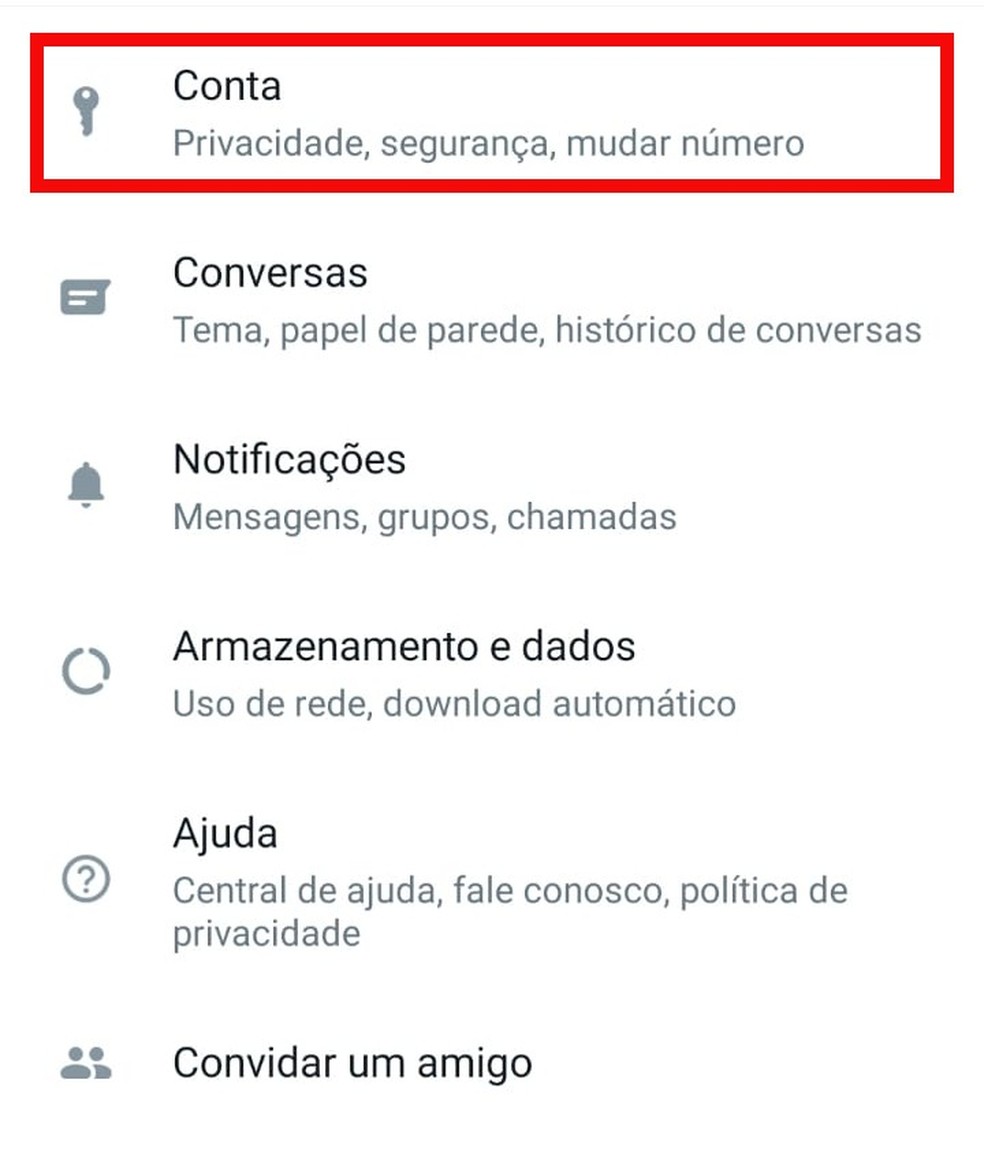 Passo 1 - Em configurações, clique em conta — Foto: Reprodução/WhatsApp