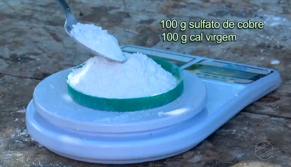 Coloque 100 gramas de cal virgem em um recipiente com água — Foto: Reprodução/TVCA