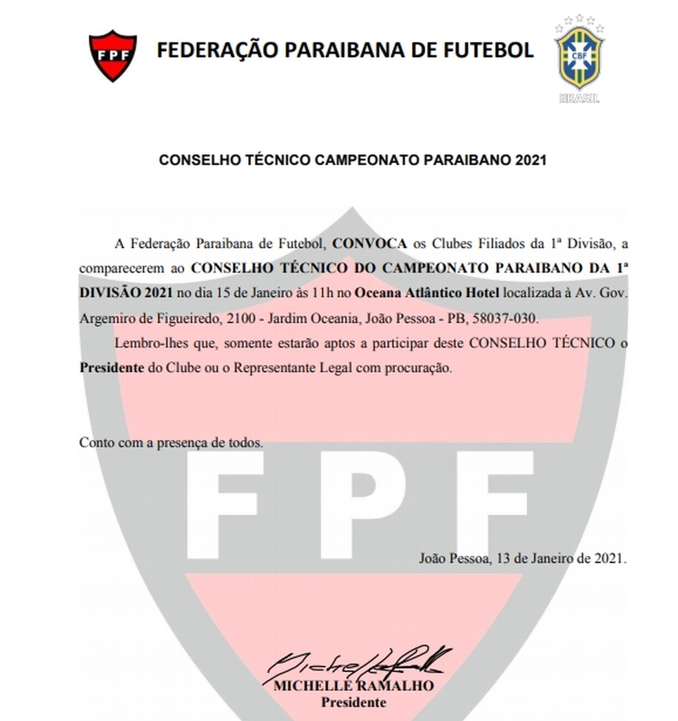 Federação Paraibana de Futebol convocou os clubes para o conselho técnico nesta sexa-feira — Foto: Reprodução / FPF