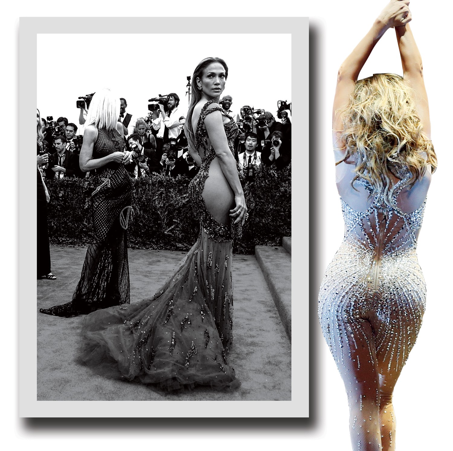 Jennifer Lopez: A cantora de Versace no baile do Met e, à esquerda, com o derrière em evidência num macacão Zuhair Murad emum concerto em Paris (Foto: AFP, Getty Images e Divulgação)