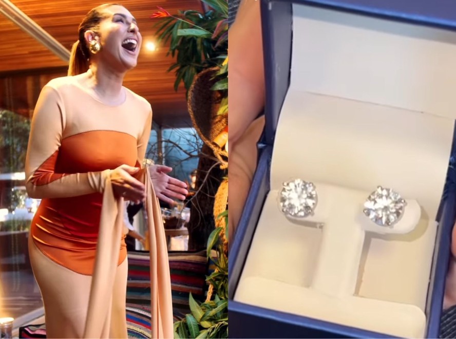 Fernanda Paes Leme mostra brincos de diamantes que ganhou de aniversário