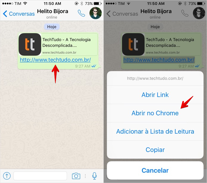 Abrindo um link do WhatsApp no Chrome (Foto: Reprodução/Helito Bijora) 