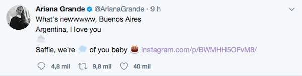 A mensagem de Ariana Grande em homenagem à fã que morreu em seu show em Manchester (Foto: Twitter)