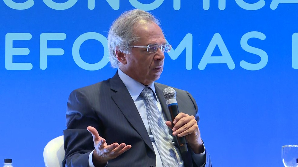 Paulo Guedes participa de evento em São Paulo nesta quinta-feira (30) — Foto: Reprodução/TV Globo