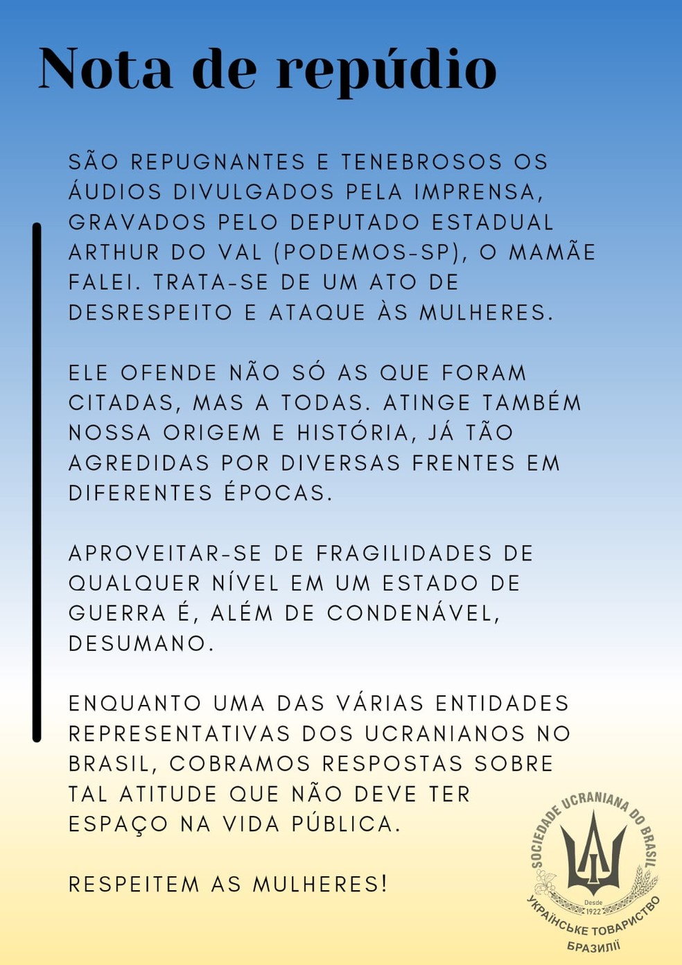 Nota da Sociedade Ucraniana do Brasil sobre áudios do deputado Arthur do Val (Podemos) — Foto: Reprodução