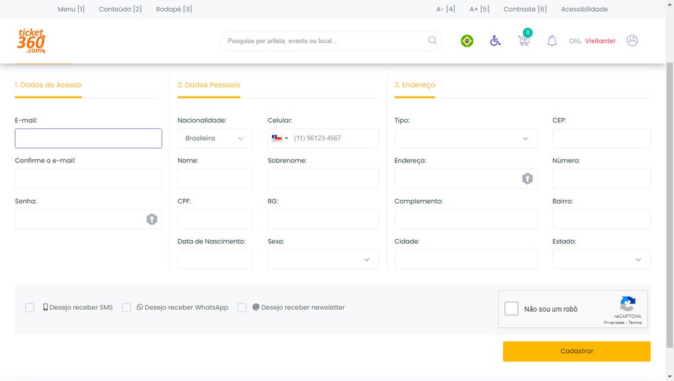 Página para se registrar no Ticket360 — Foto: Reprodução/Victor de Abreu