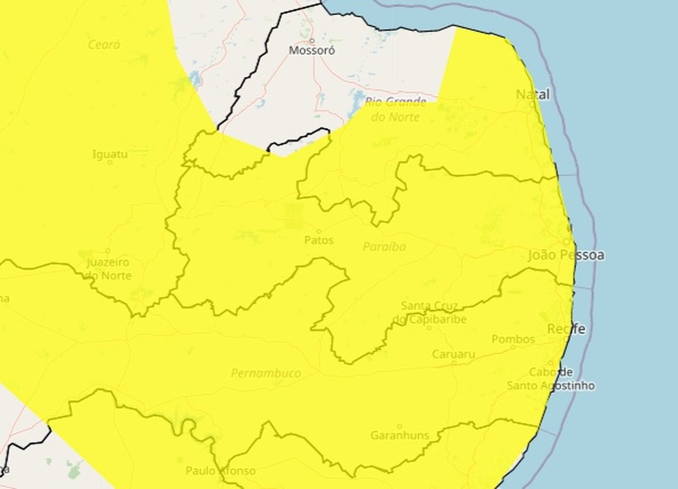 Inmet emite alerta de perigo potencial de chuvas intensas para todas as cidades da Paraíba — Foto: Reprodução/Inmet
