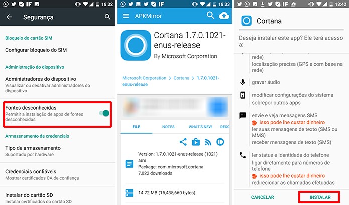 Cortana precisa ser instalada fora de Play Store para funcionar no Android (Foto: Reprodução/Elson de Souza)