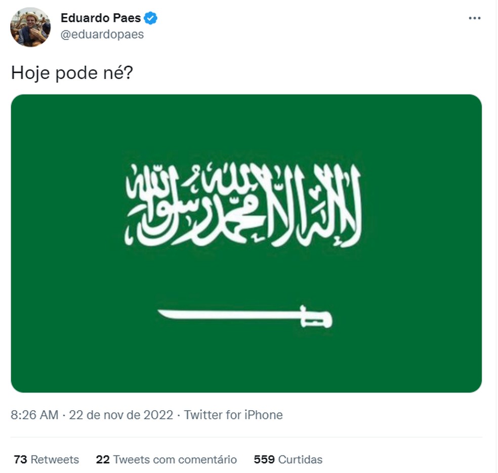 Postagem de Eduardo Paes com a bandeira da Arábia Saudita — Foto: Reprodução