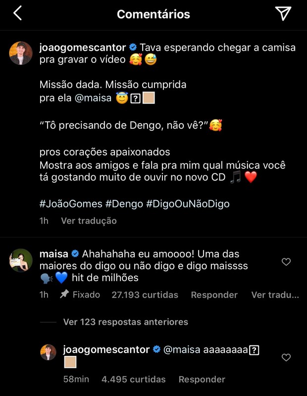 Maisa reage a post de João Gomes (Foto: Reprodução/Instagram)