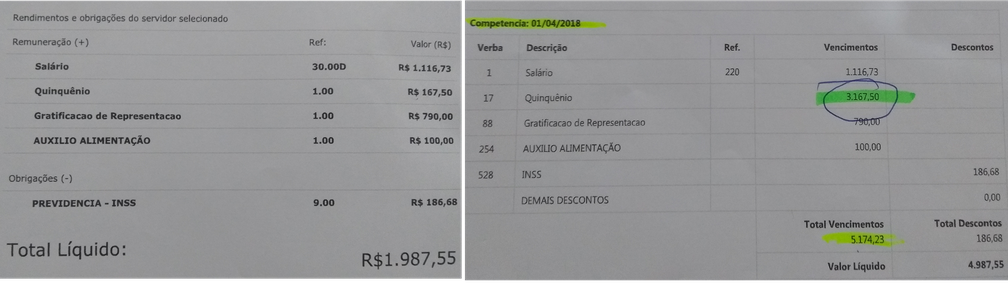 Salário normal à esquerda e susposta fraude à direita (Foto: Reprodução)