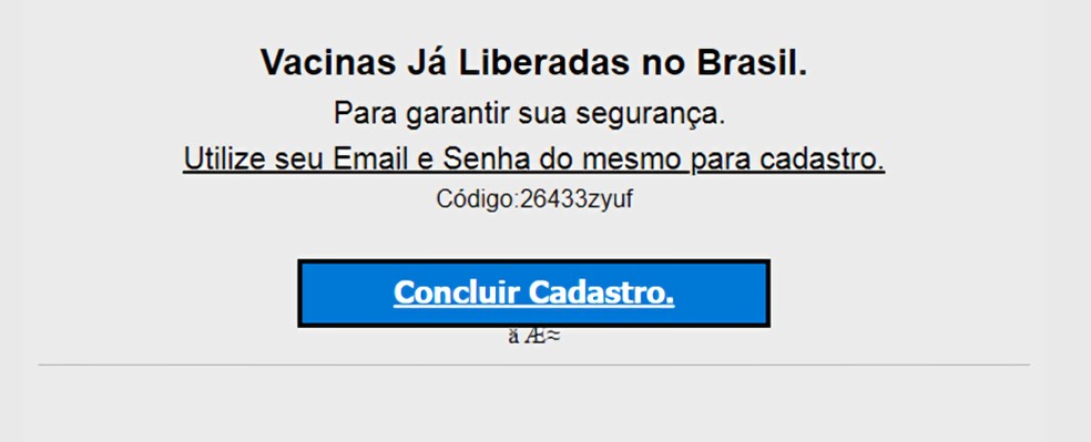 Phishing para 'cadastro de vacinação' para roubar dados de brasileiros.  — Foto: Reprodução/Kaspersky