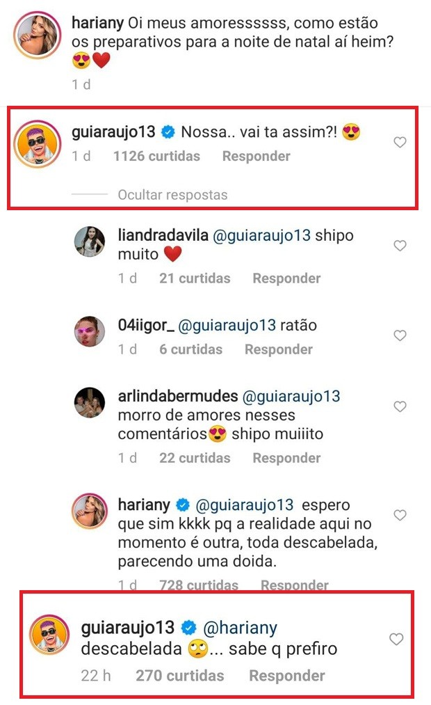 Gui Araújo comenta post de Hariany Almeida (Foto: Reprodução/Instagram)