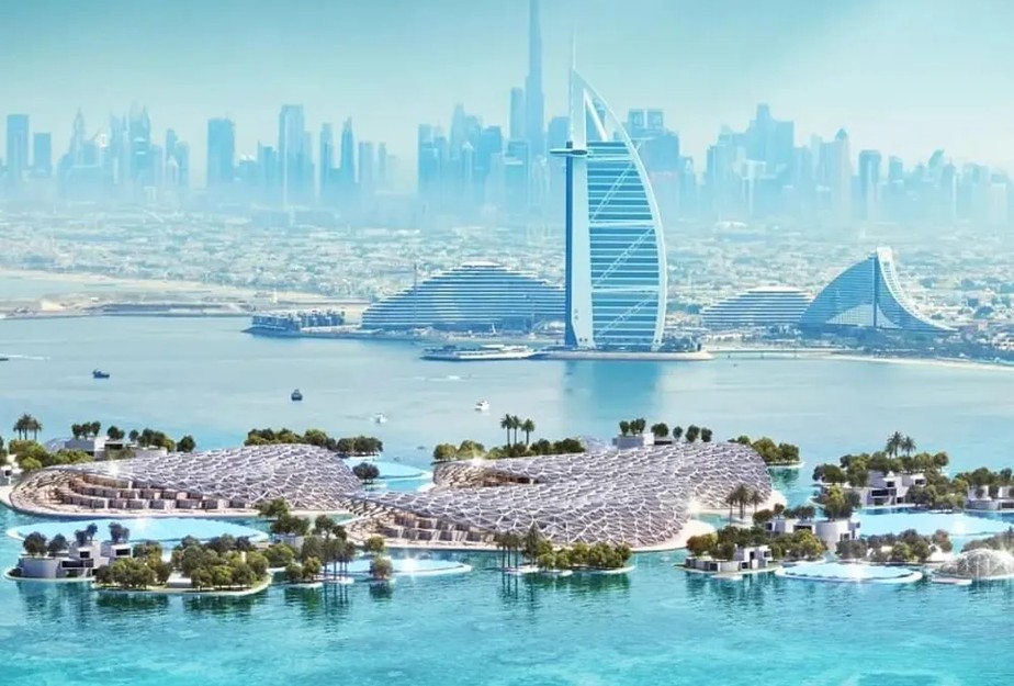 Projeto do Dubai Reefs mostra ilhas ecológicas conectadas.