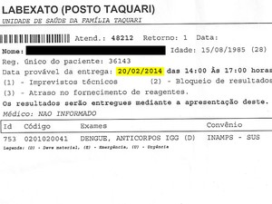 Entrega de resultado de exame está marcada para até mais de um mês depois (Foto: Reprodução/Internauta)