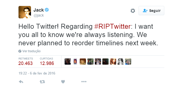 CEO do Twitter negou mudanças na timeline (Foto: Reprodução/Twitter)