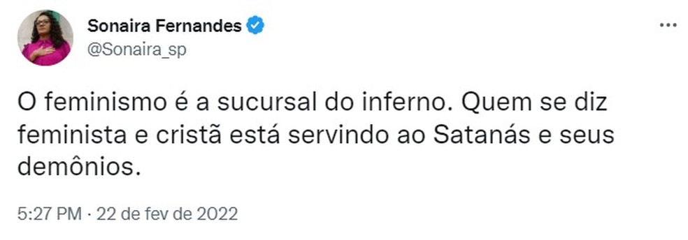 Postagem de Sonaira no Twitter — Foto: Reprodução/Twitter