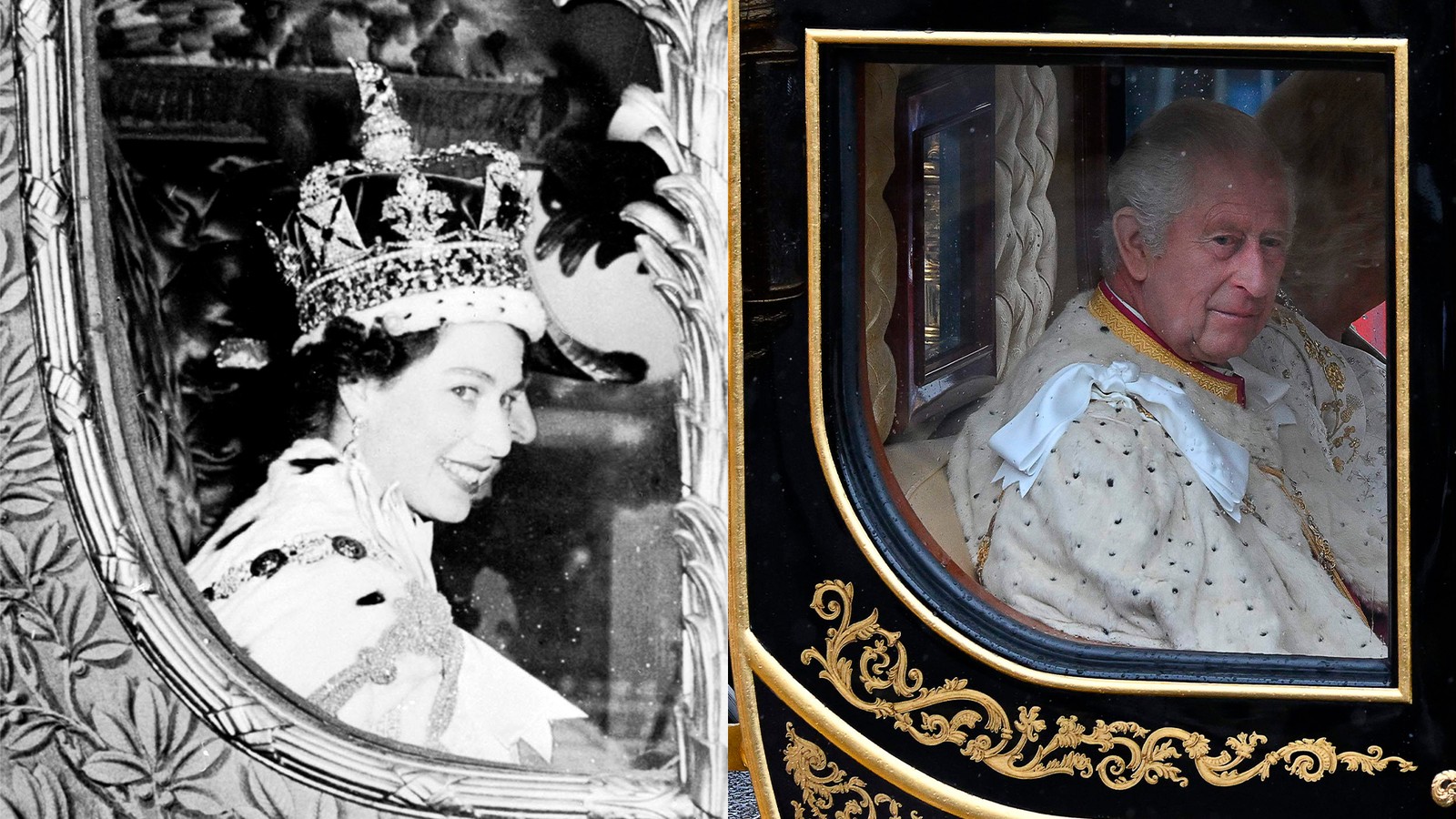 Passado e presente em imagens: as coroações de Elizabeth, em 1953, e de Charles, neste sábado, marcam começos e fins de ciclos no Reino Unido  — Foto: Arquivo AFP / Glyn KIRK / AFP