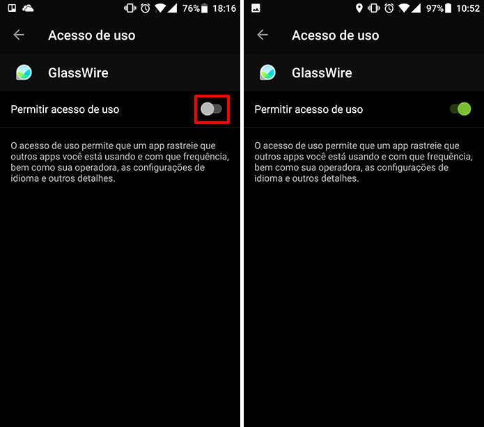 Clique em chavinha para liberar o aceeso de uso ao GlassWire no Android (Foto: Reprodução/Elson de Souza)