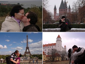 Em sentido horário: o casal se beija em Nida, na Lituânia, na primeira foto do projeto; em Maiz, na Alemanha; em Paris, na França e em Bratislava, na Eslováquia (Foto:  Luis Octavio Noschang/Vc no G1)