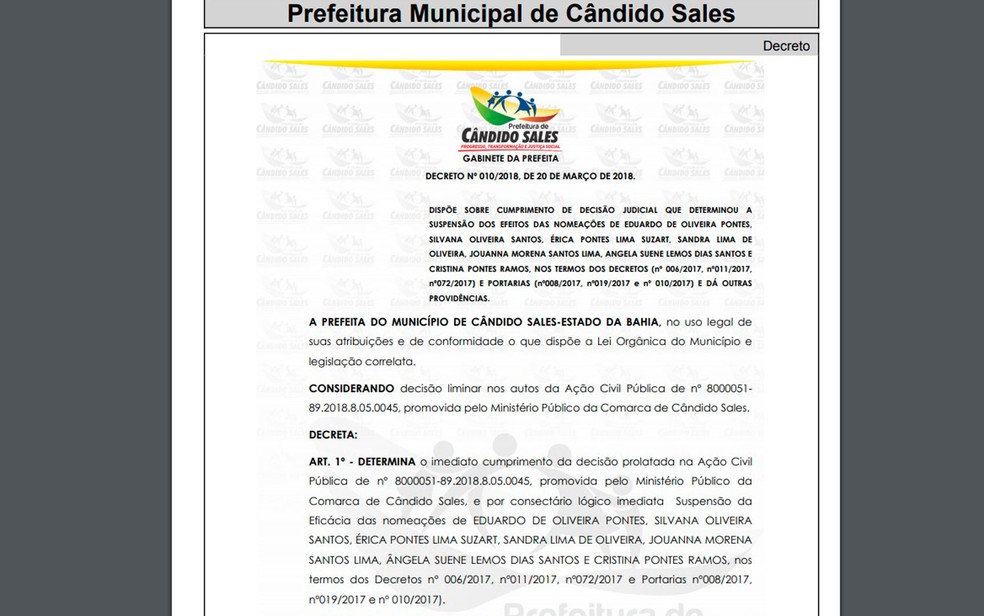 Exonerações foram publicadas no Diário Oficial do município de Cândido Sales, no dia 23 de março (Foto: Reprodução)