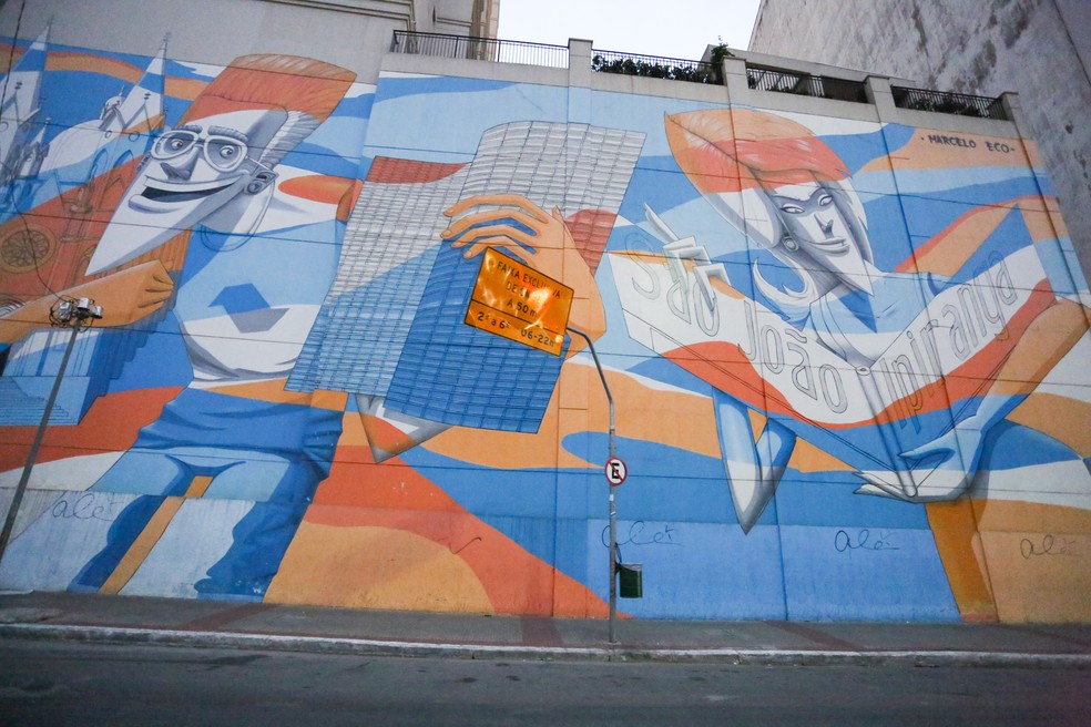 Grafite do artista Marcelo Eco se destaca na Avenida Tiradentes — Foto: Fabio Tito/G1