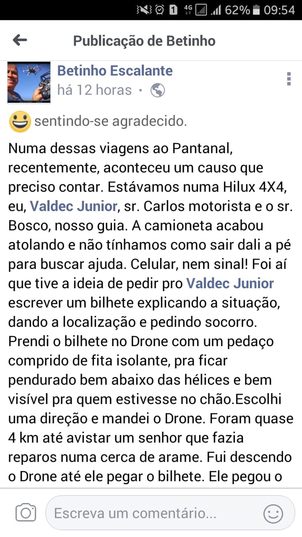 Postagem feita pelo dono da produtora de vídeos (Foto: Alberto Marques Escalante / Arquivo pessoal )