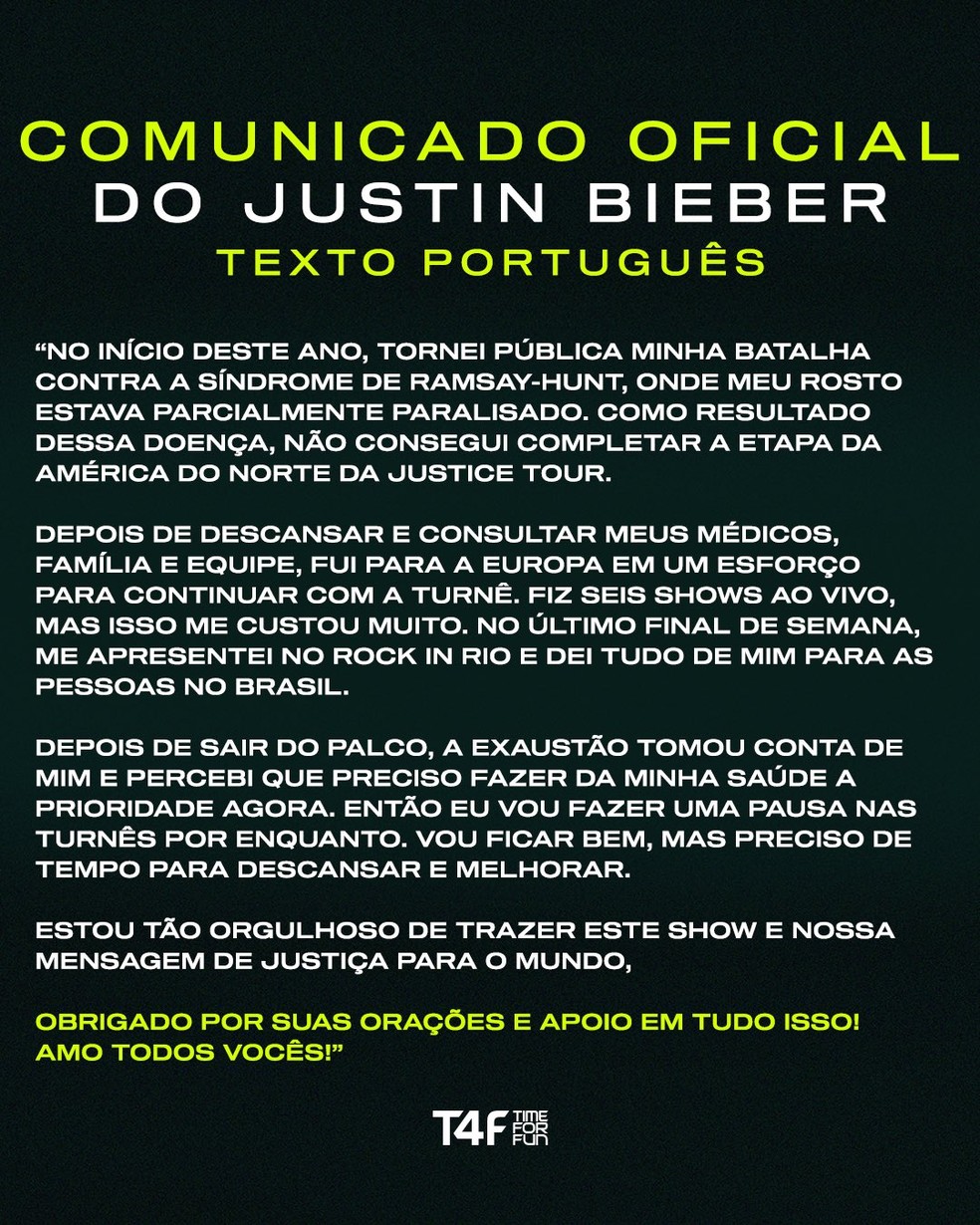 Justin Bieber comenta suspensão dos shows após Rock in Rio — Foto: Reprodução/Twitter/T4F