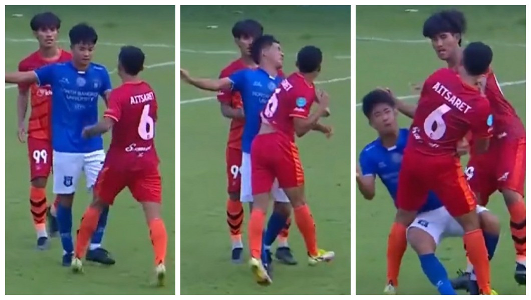 A agressão cometida por Aitsaret Noichaiboon, do Bangkok FC, contra Supasan Ruangsuphanimit, da North Bangkok University (Foto: Twitter)