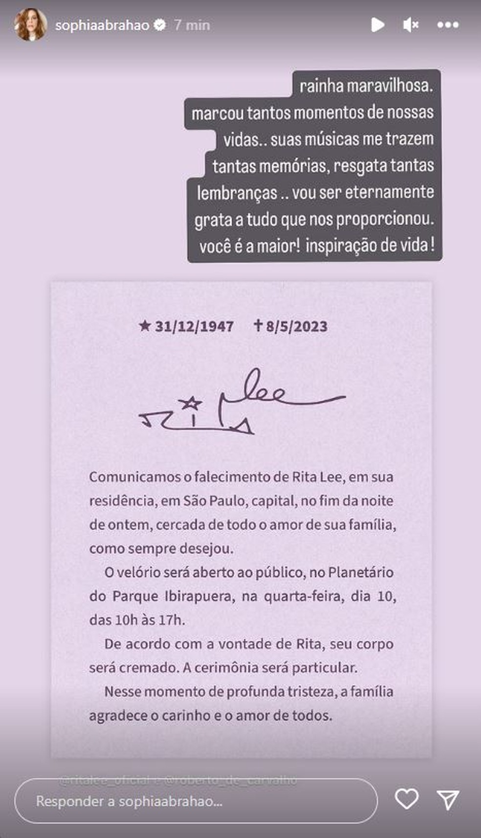 Sophia Abrahão lamenta morte de Rita Lee nas redes sociais — Foto: Reprodução/Instagram