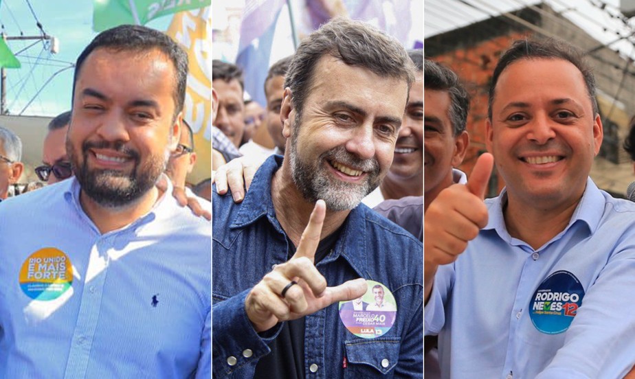 Os candidatos a governador do Rio Cláudio Castro (PL), Marcelo Freixo (PSB) e Rodrigo Neves (PDT)