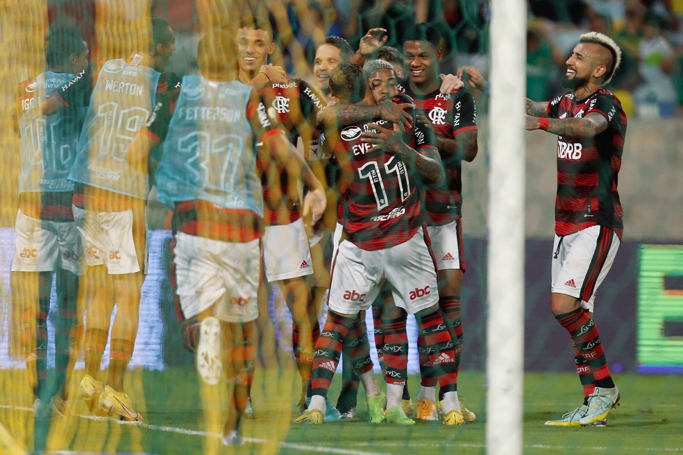 Jogadores do Flamengo comemoram gol contra o Cuiab&aacute; &mdash; Foto: Gilvan de Souza/Flamengo
